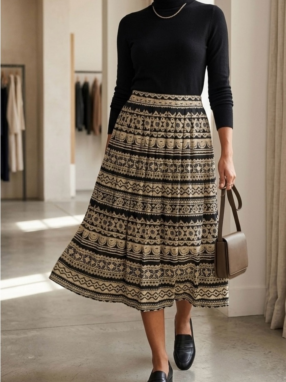 Alfred Dunner NWOT Tribal Geometric Midi Skirt Size 16P Black Tan